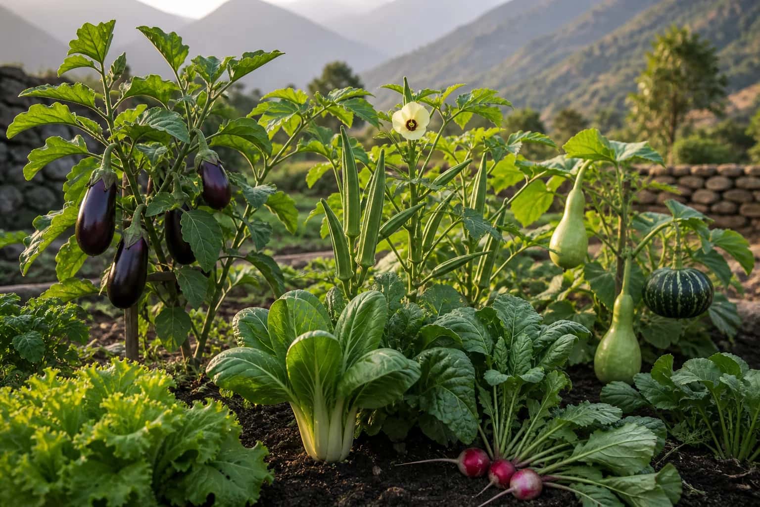 Eggplants, okra, leafy greens, radishes and gourds in a mountain vegetable garden