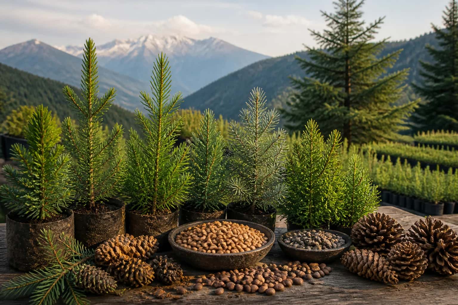 Young cedar, pine and fir seedlings with cones and conifer seeds