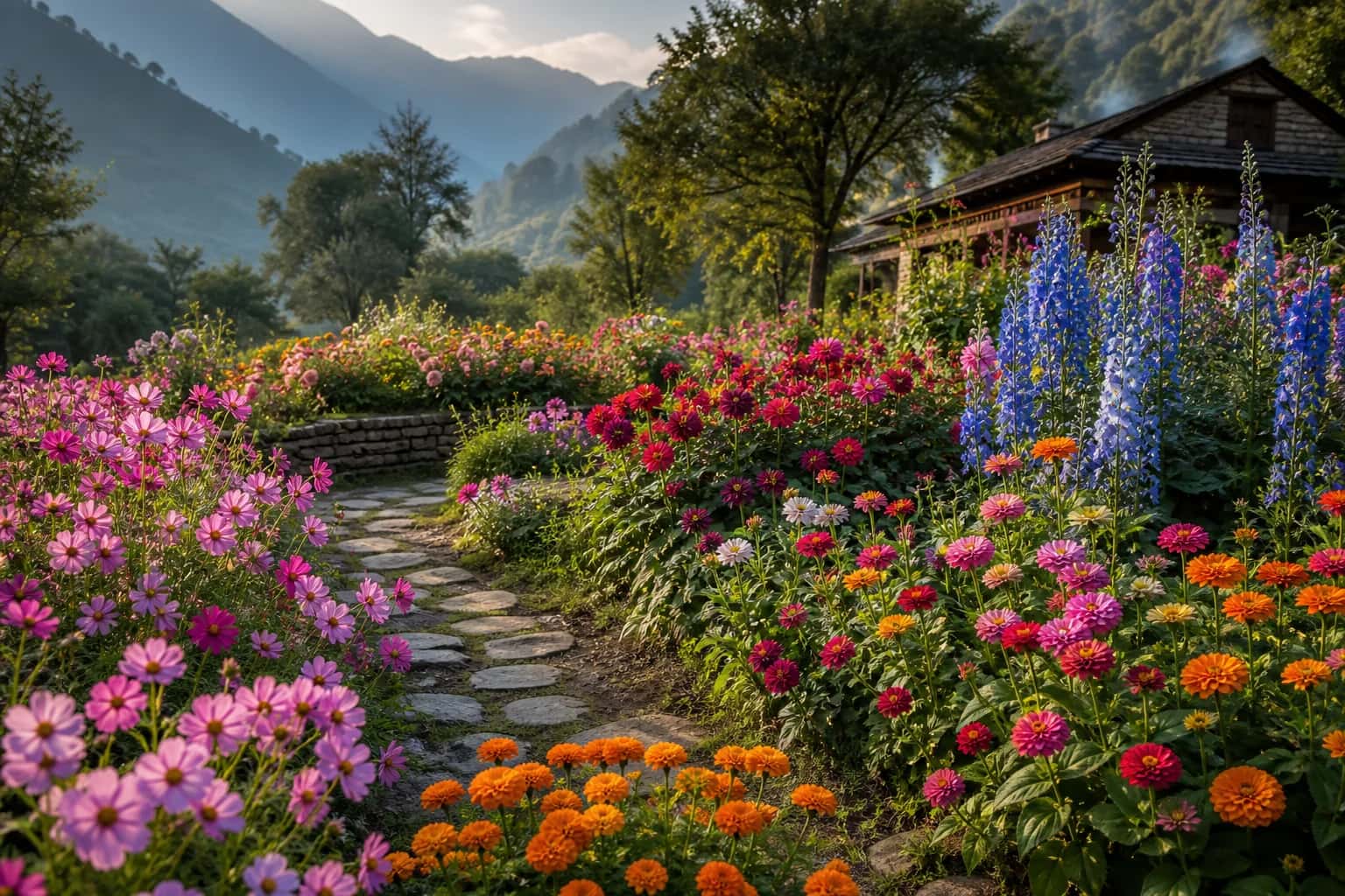 Cosmos, marigolds, zinnias, dahlias and delphiniums in a Himalayan flower garden