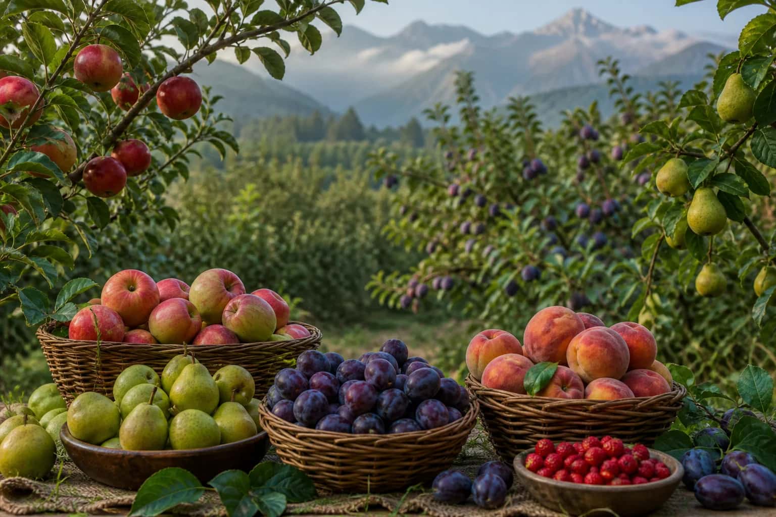 Apples, pears, plums, peaches and berries harvested from a mountain orchard
