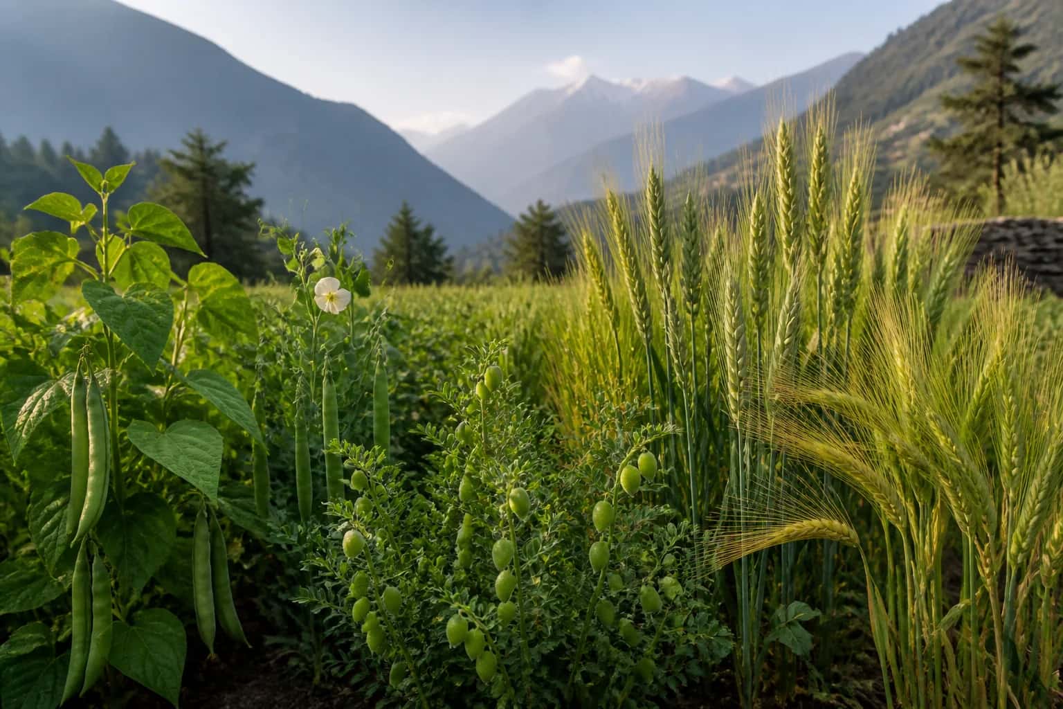 Bean pods, pea vines, chickpea plants, wheat and barley growing in a highland field