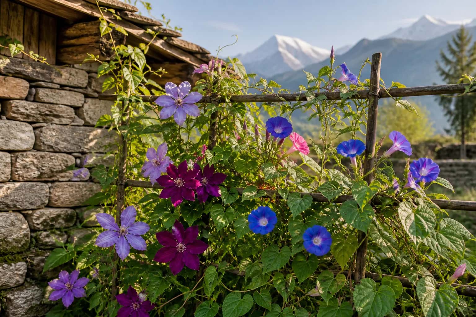Flowering clematis and morning glory climbing a rustic garden trellis