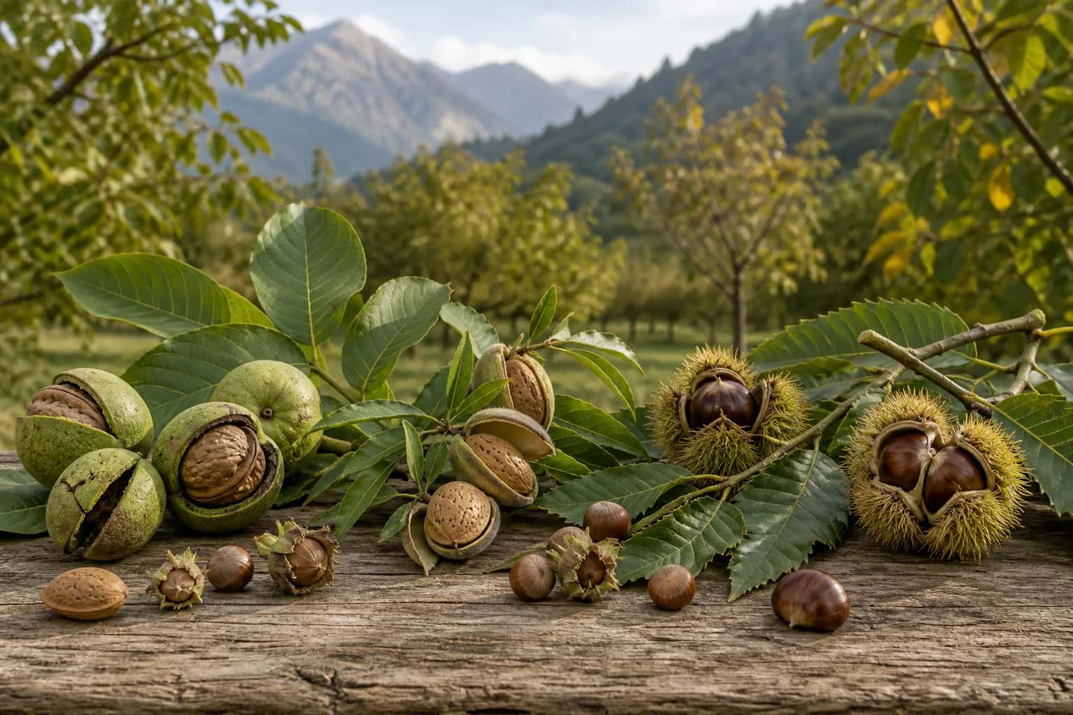 Walnuts, almonds, hazelnuts and chestnuts with natural leaves and husks