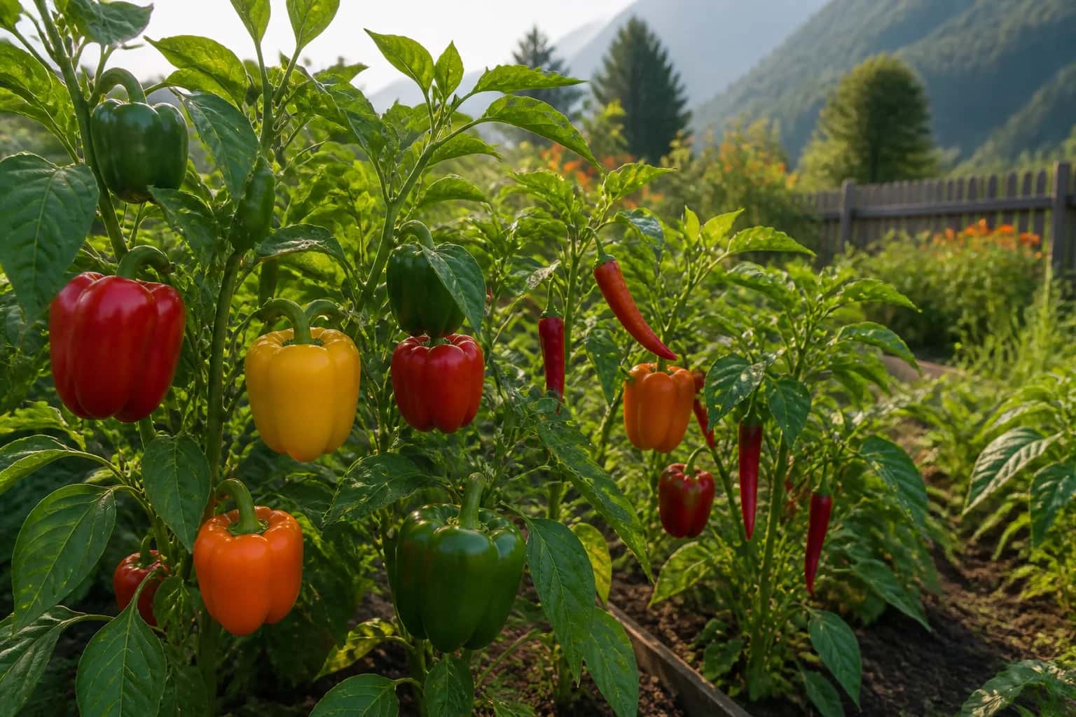 Red, yellow, orange and green peppers ripening in a mountain garden