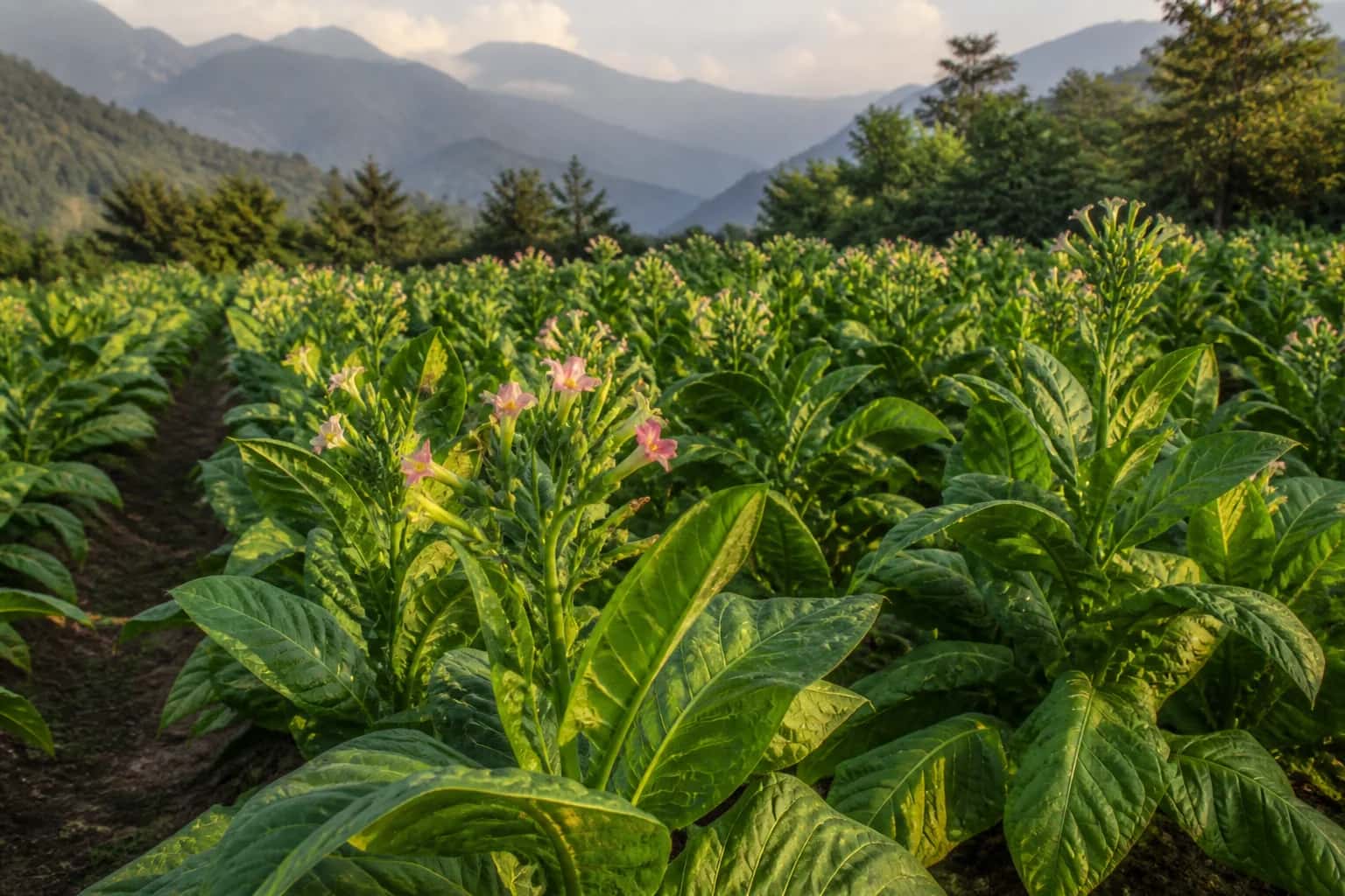 Mature tobacco plants with broad leaves and pale pink flowers in a mountain field