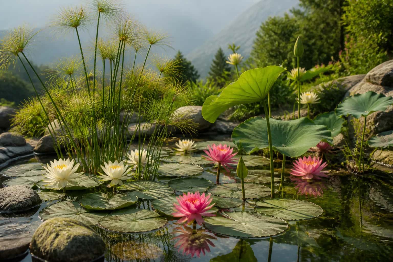 Pink and white water lilies, lotus leaves and papyrus in a natural garden pond