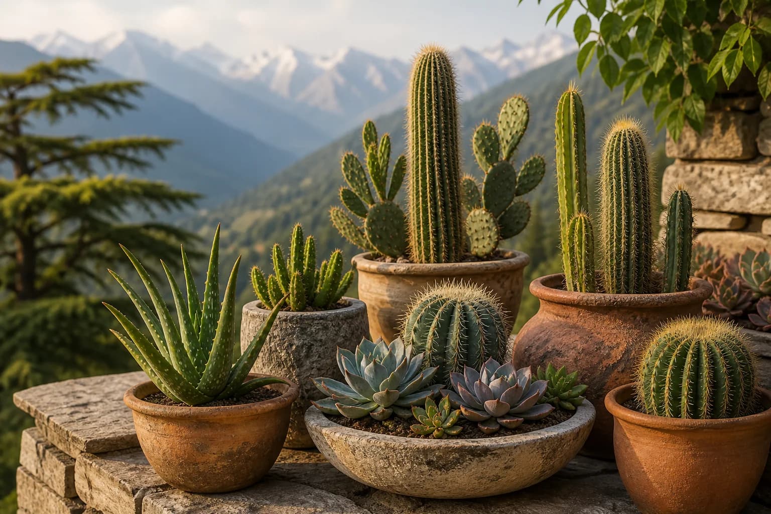 Cacti, aloe and rosette succulents arranged in natural terracotta planters