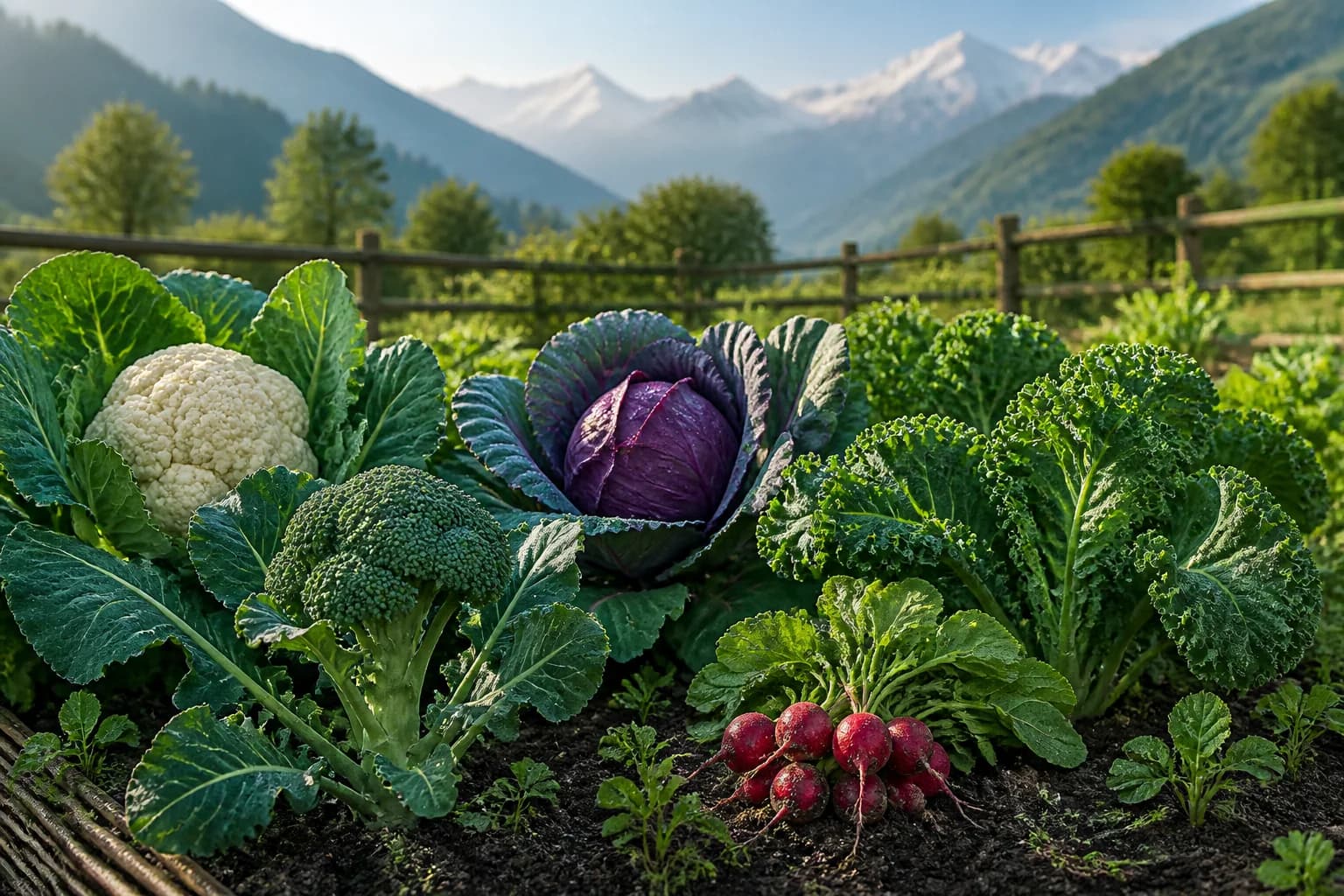 Cauliflower, broccoli, purple cabbage, kale and radishes growing in a highland garden
