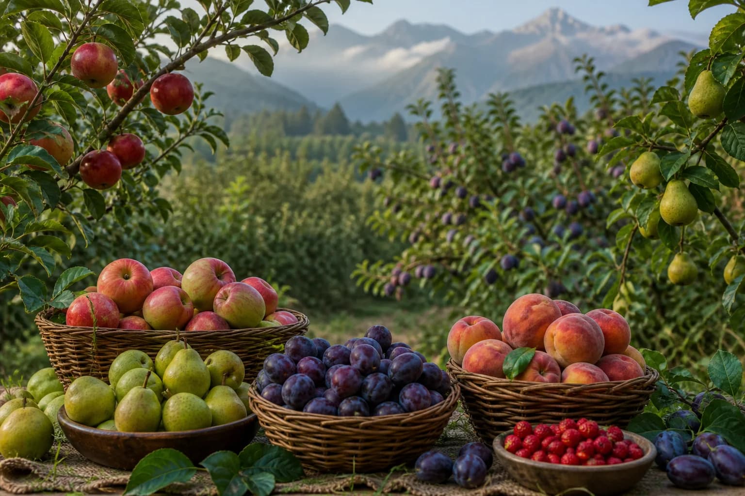 Apples, pears, plums, peaches and berries harvested from a mountain orchard