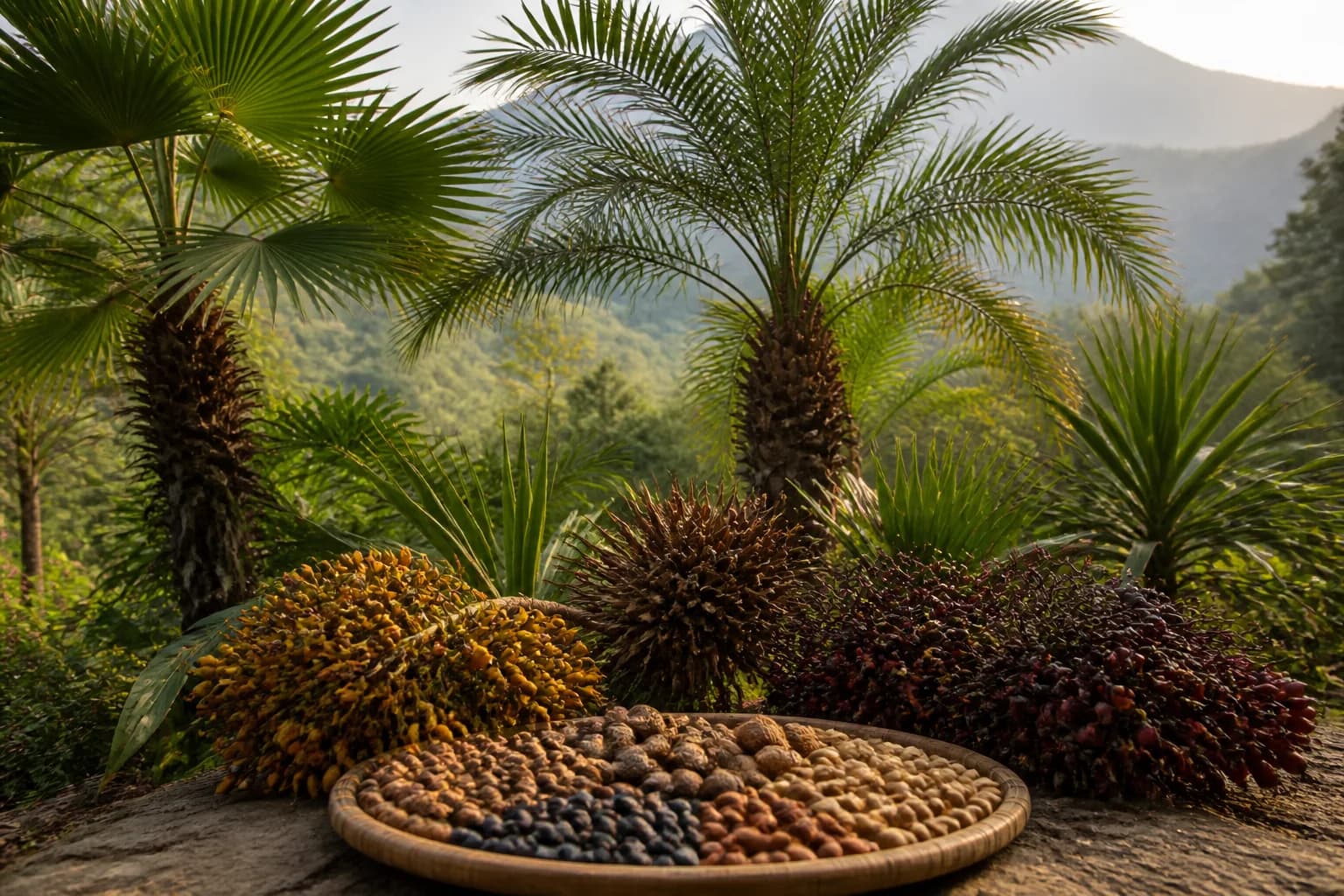 Fan and feather palms with natural clusters of palm fruits and seeds