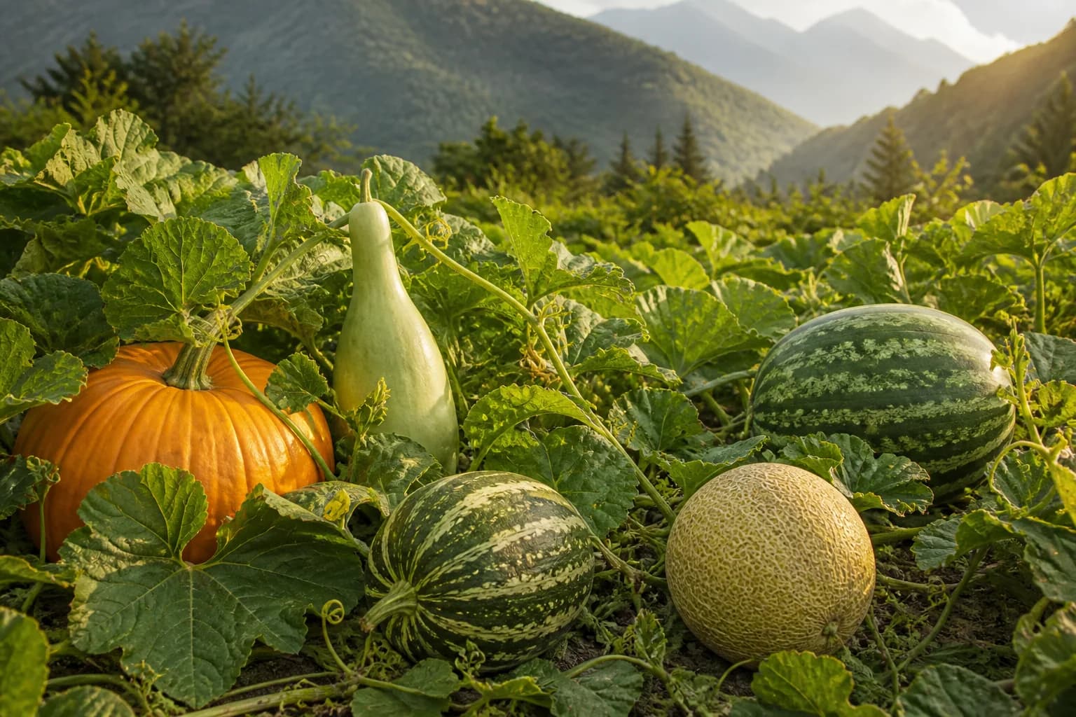 Pumpkin, bottle gourd, squash, watermelon and cantaloupe growing on garden vines
