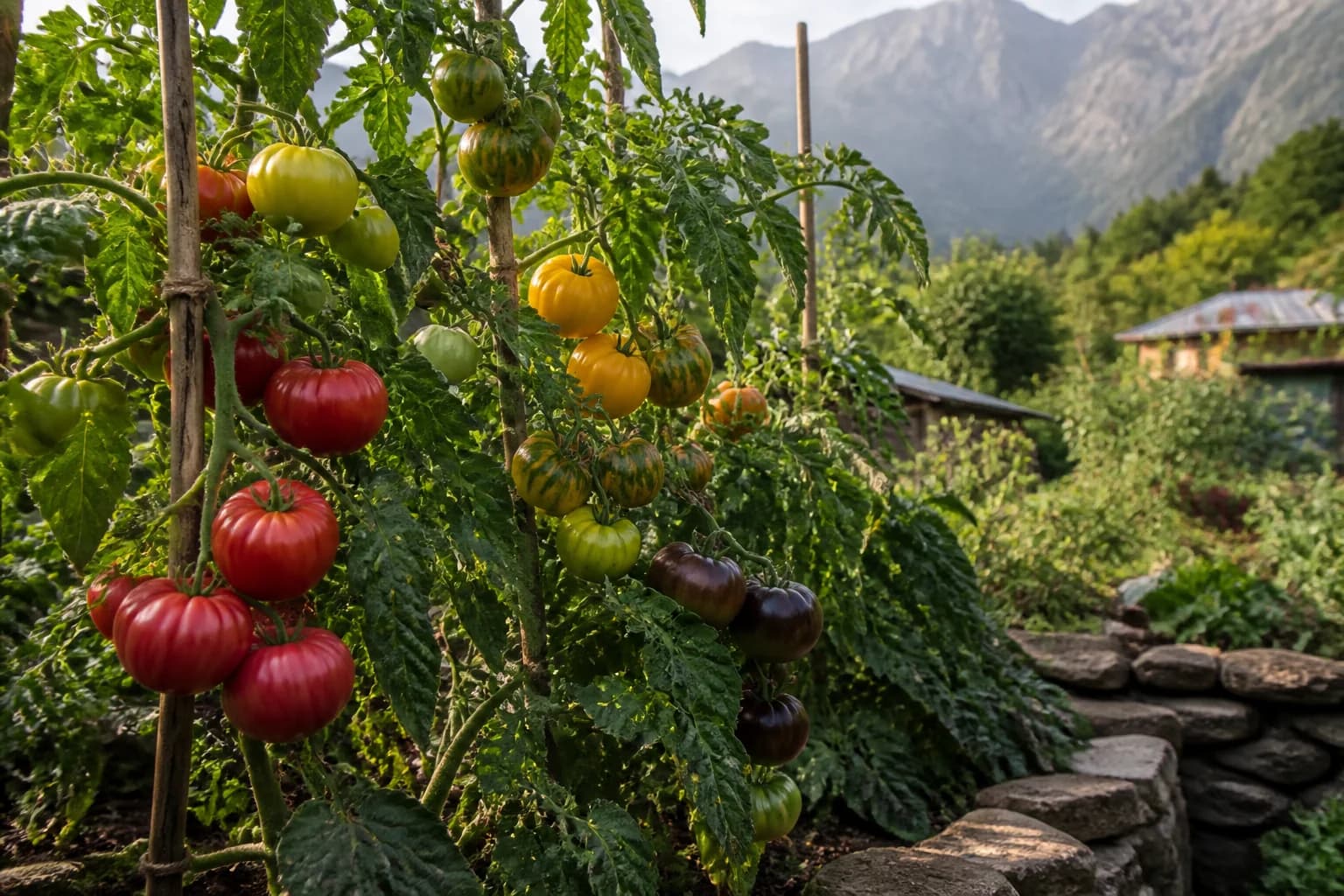 Red, golden, striped and dark heirloom tomatoes ripening on garden vines