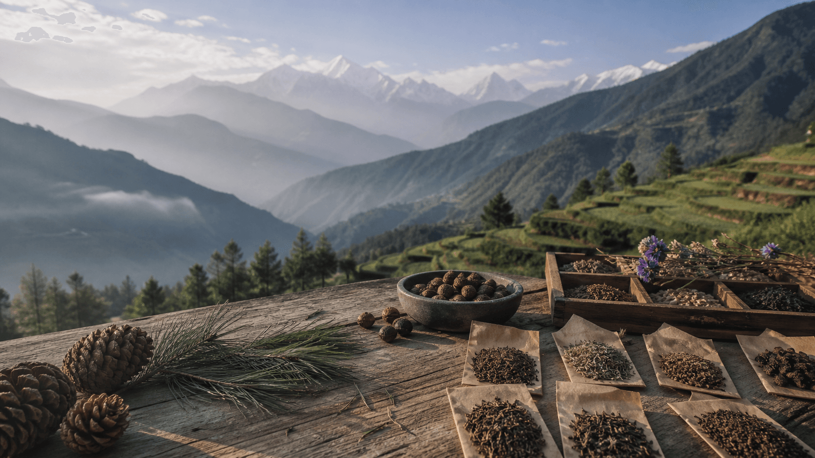 Assorted seed packets on a wooden table overlooking Himalayan mountain terraces
