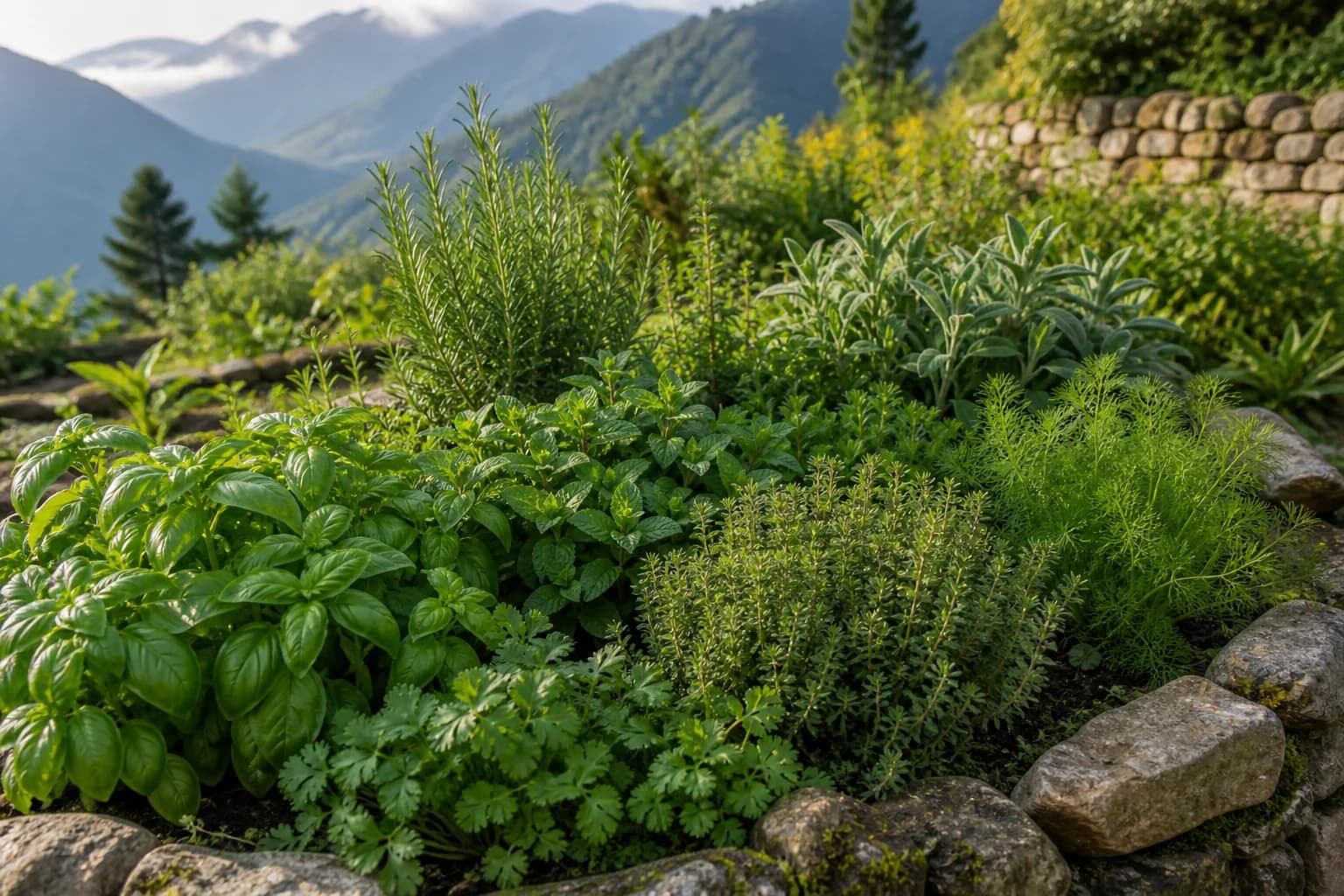 Basil, mint, rosemary, thyme, sage, coriander and dill in a terraced herb garden