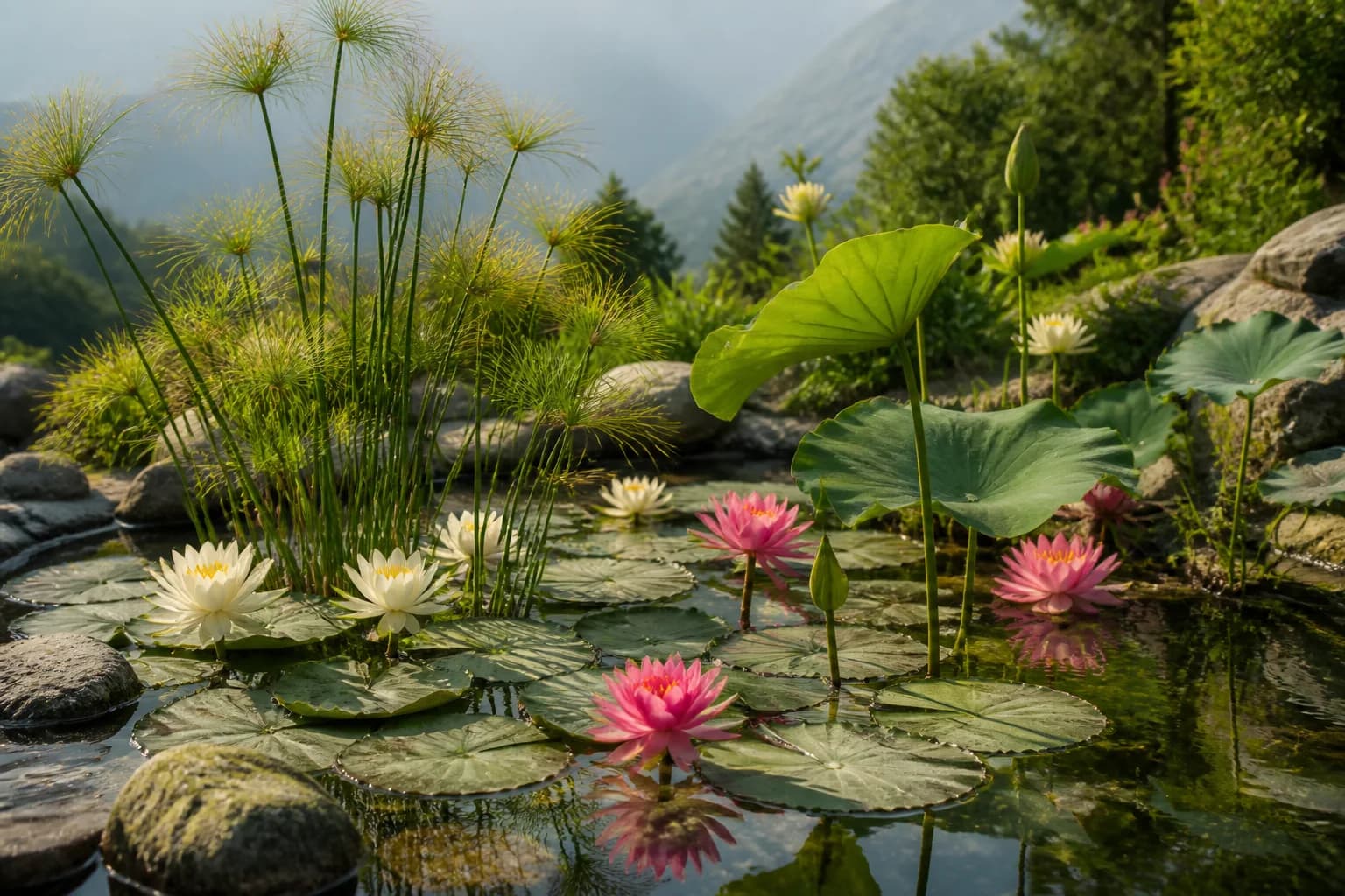 Pink and white water lilies, lotus leaves and papyrus in a natural garden pond