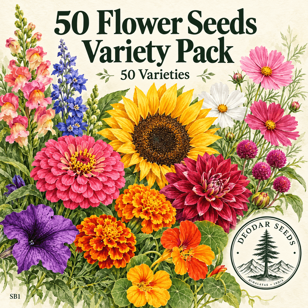 50 Flower Seeds Variety Pack, Colorful Garden Flower Seed Collection, Gift for Gardeners