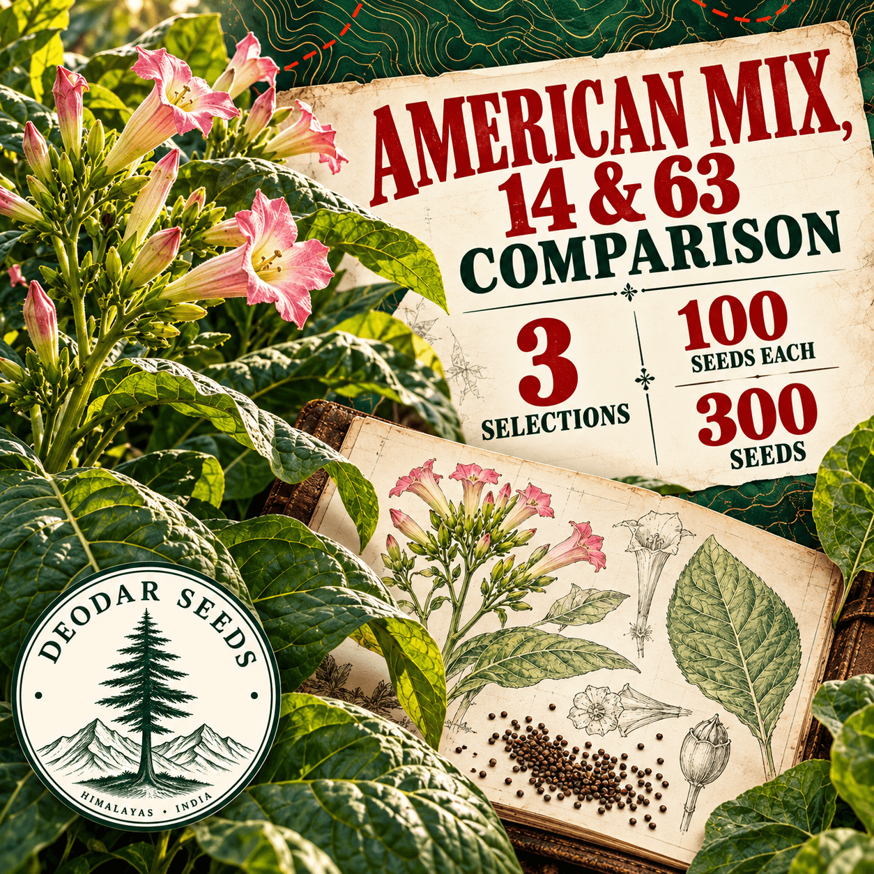 American Mix, 14 & 63 Comparison — 3 Seed Selections | Tobacco / Nicotiana tabacum — AI-generated kit illustration