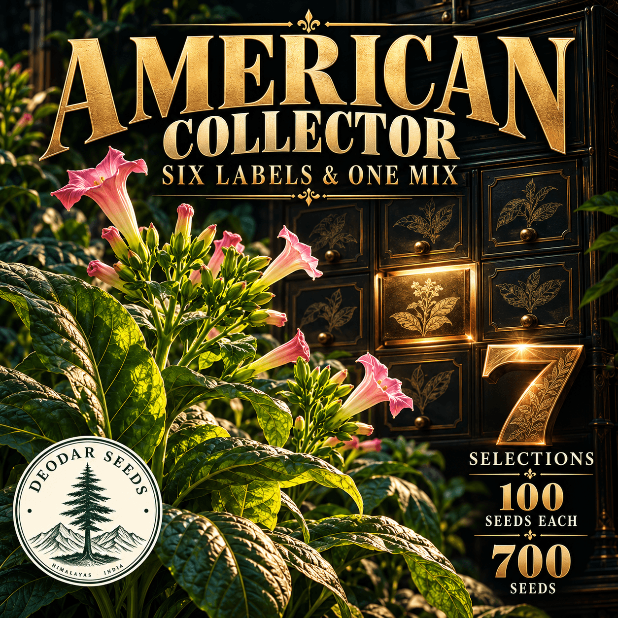 American Collector Six Labels & One Mix — 7 Seed Selections | Tobacco / Nicotiana tabacum — AI-generated kit illustration