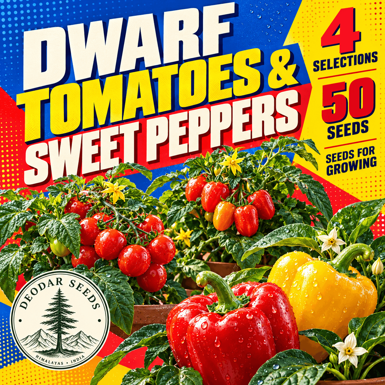Dwarf Tomatoes & Sweet Peppers — 4 Seed Selections — AI-generated kit illustration