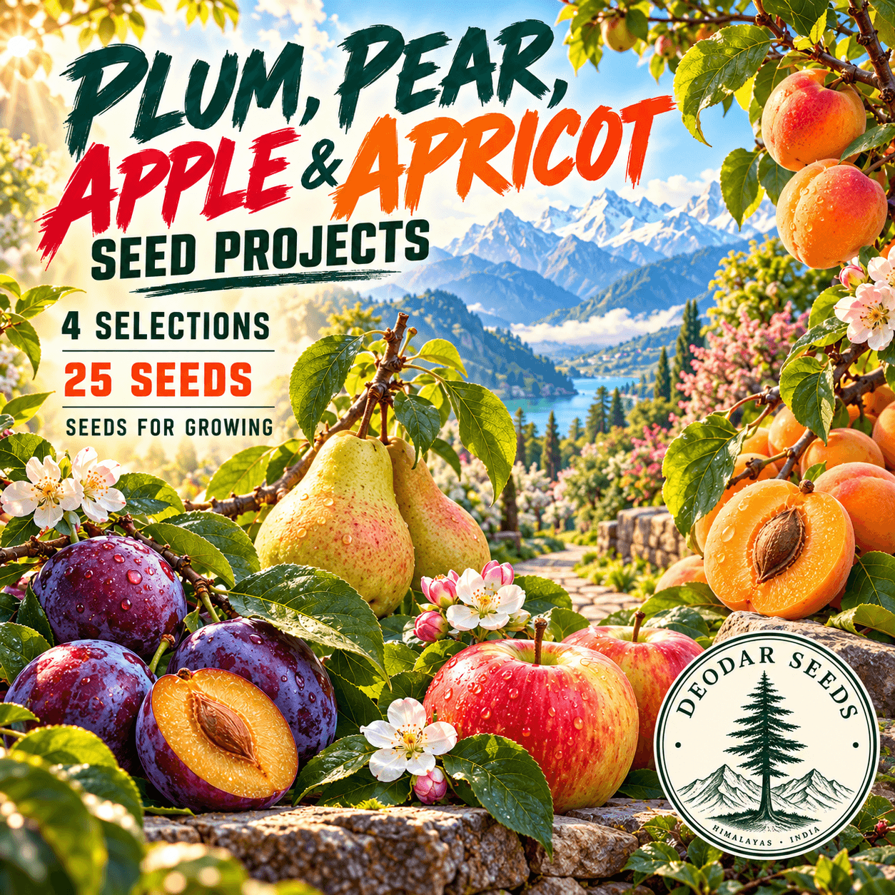 Plum, Pear, Apple & Apricot Seed Projects — 4 Seed Selections — AI-generated kit illustration