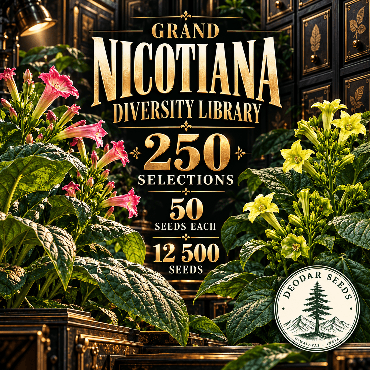 Grand Nicotiana Diversity Library 250 — 250 Seed Selections | Tobacco / Nicotiana tabacum & Nicotiana rustica — AI-generated kit illustration