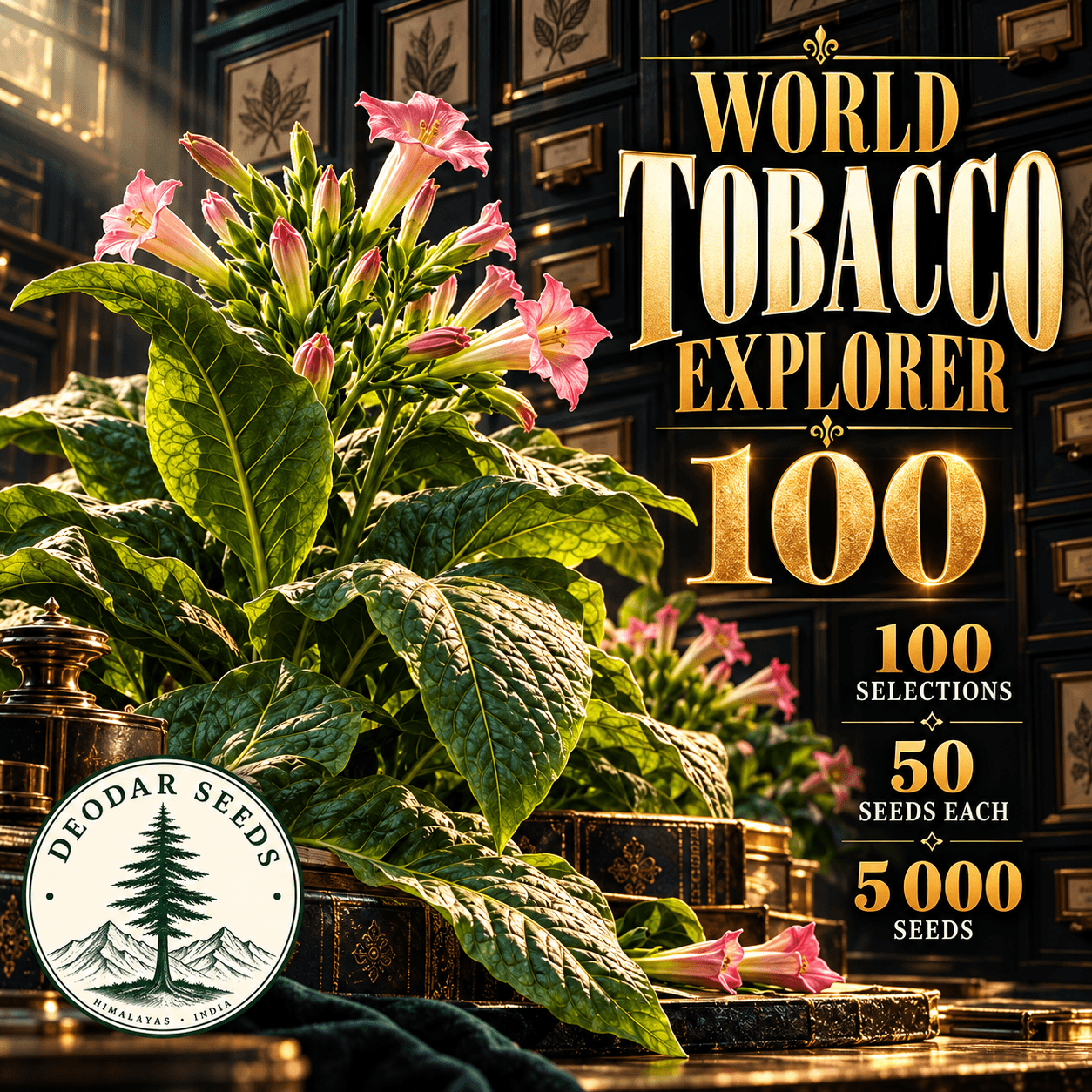 World Tobacco Explorer 100 — 100 Seed Selections | Tobacco / Nicotiana tabacum — AI-generated kit illustration