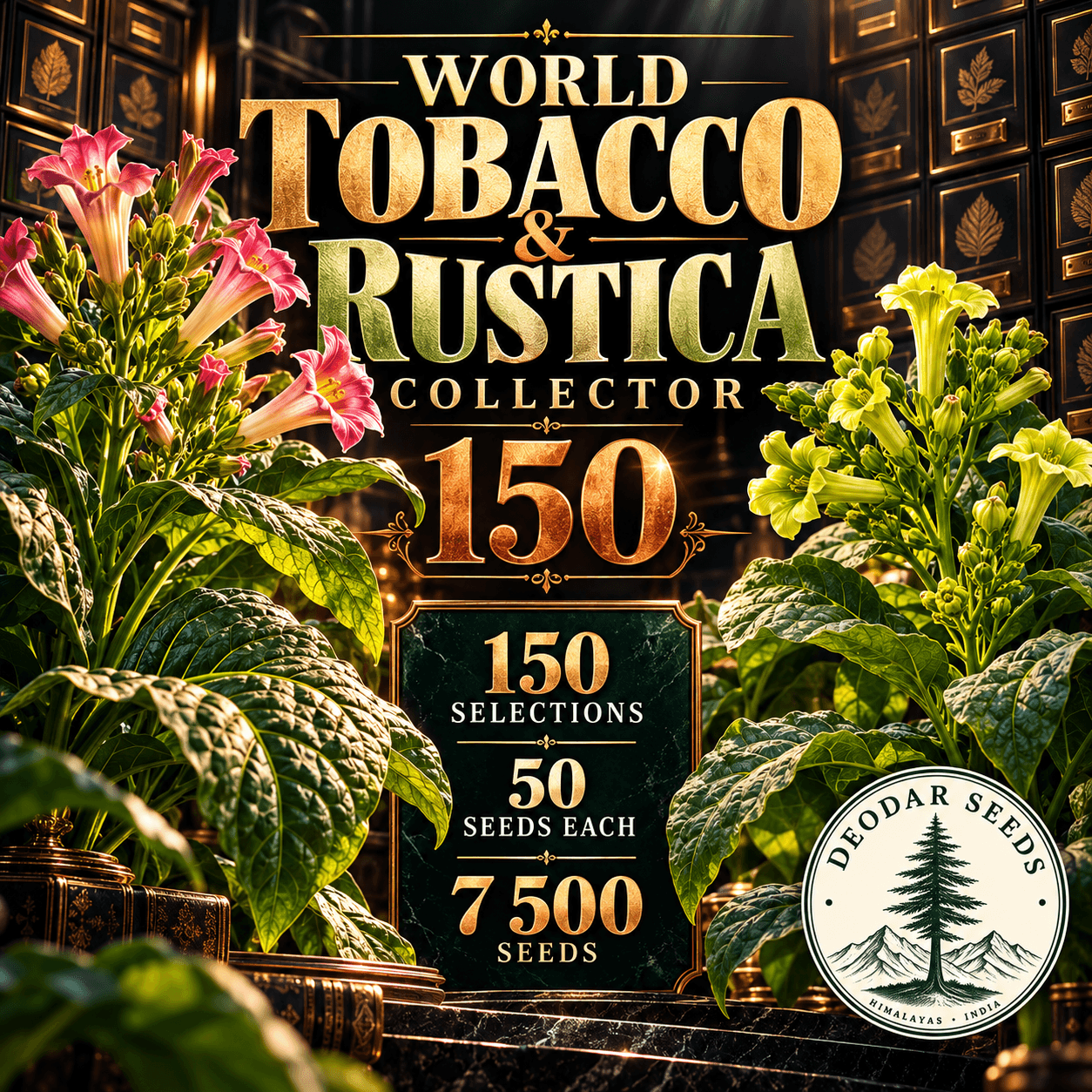 World Tobacco & Rustica Collector 150 — 150 Seed Selections | Tobacco / Nicotiana tabacum & Nicotiana rustica — AI-generated kit illustration