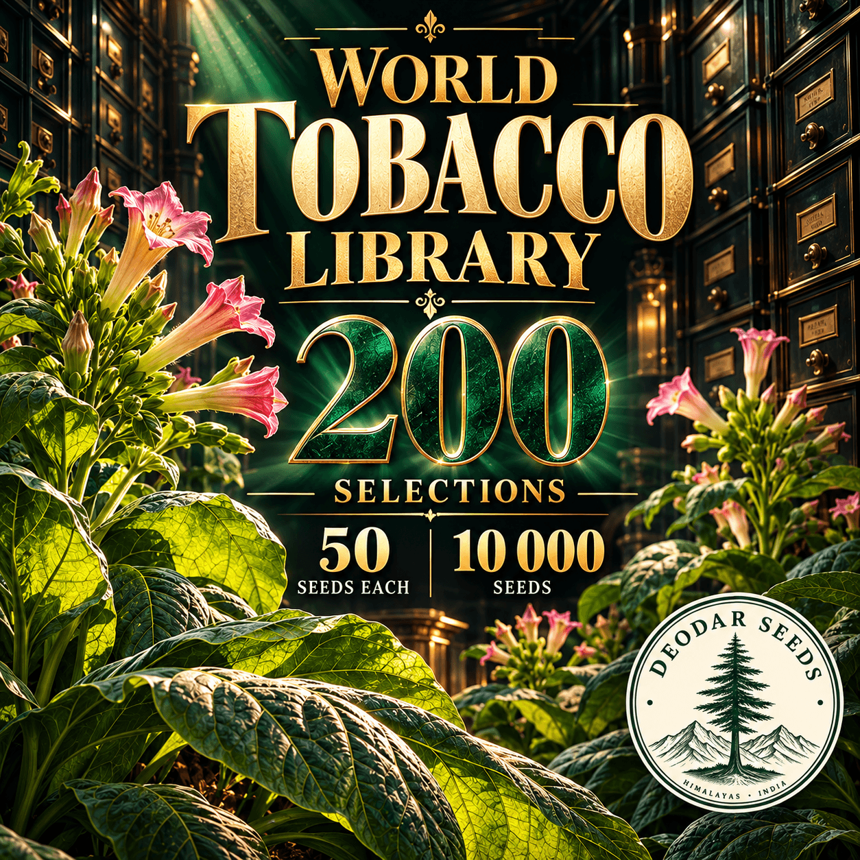 World Tobacco Library 200 — 200 Seed Selections | Tobacco / Nicotiana tabacum — AI-generated kit illustration
