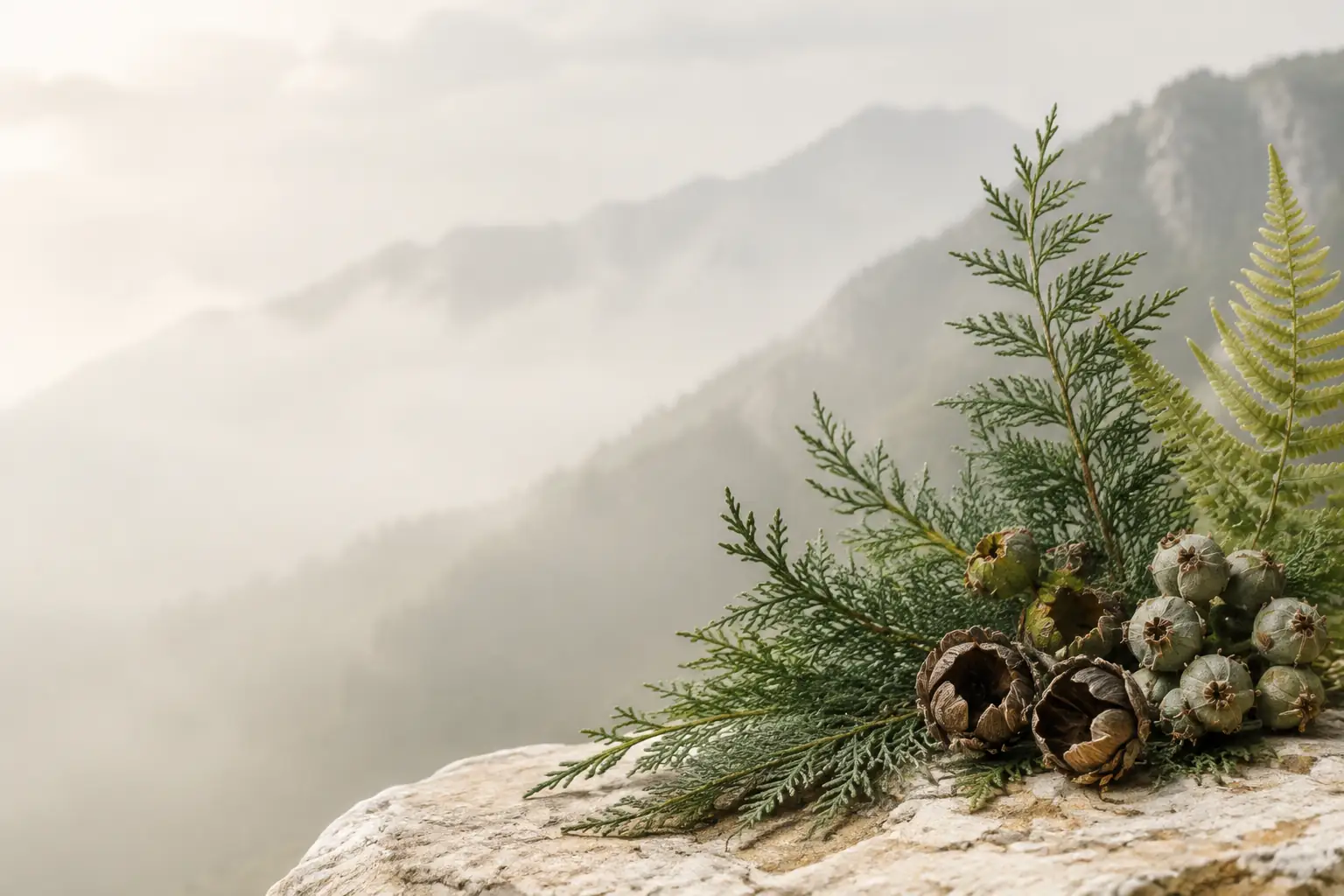 Cedar sprigs and cones on a rock above misty Himalayan mountains