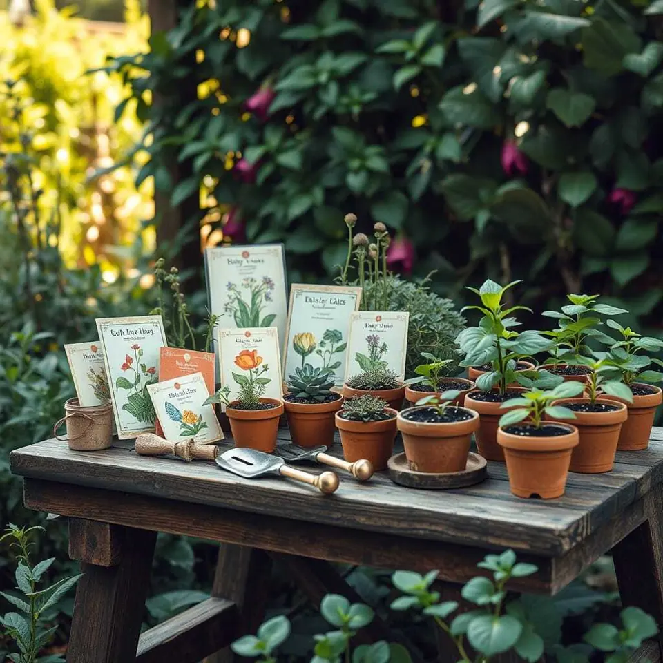 Seed packets and seedlings on a garden table